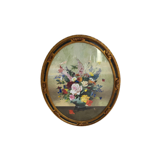 Antique Oil on Board Floral Still Life in Gilt Oval Frame (c. 1900-1930s)