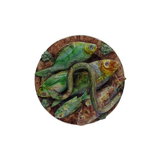 Antique palissy majolica wall platter of fish