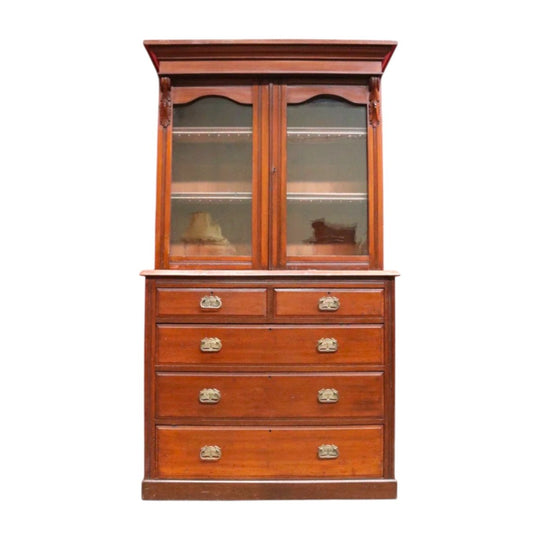 Antique Pine Bookcase Glass Doors Drawers, Leather Fronted Shelves. B12980