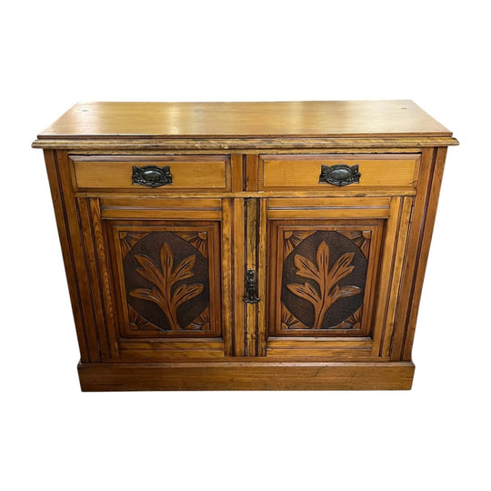 Antique pine carved side cabinet Victorian 2 drawer 2 door 1900's ENGLAND