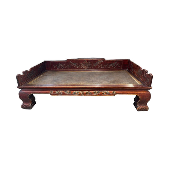 Antique Qing Dynasty Chinese Daybed – Carved Elm with Rattan