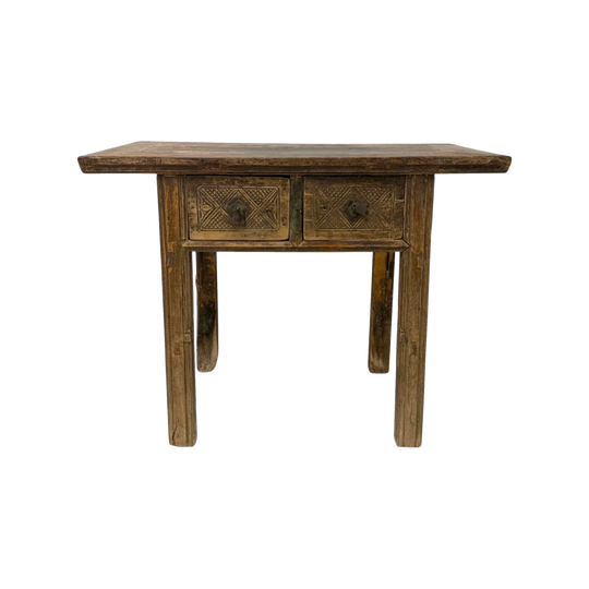 Antique Short Elm Console With Two Carved Drawers