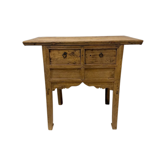Antique Short Elm Console With Two Drawers With Carved Apron