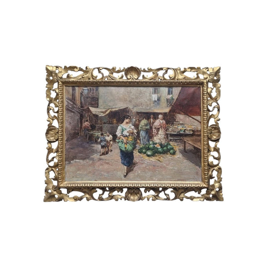 Antique southern Italian street scene oil painting