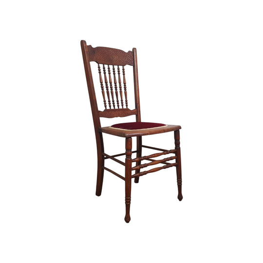 Antique Spindle Back Chair with Red Velvet Seat