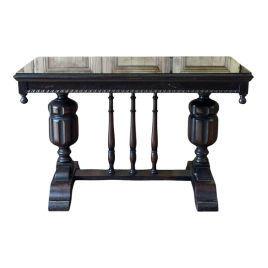 Antique Style Tudor Revival Library Table with Glass Top