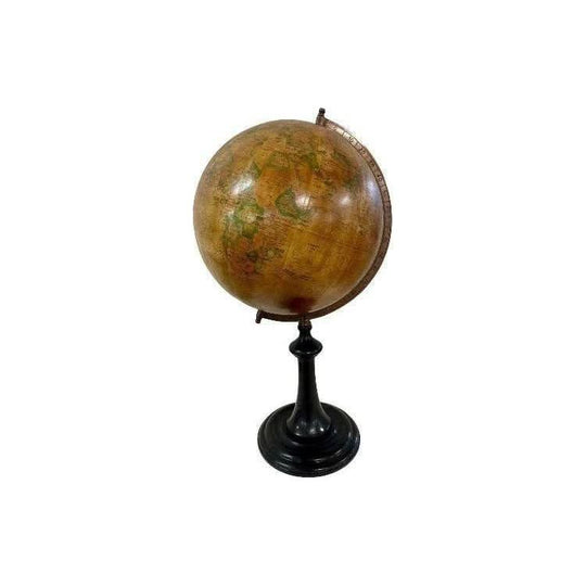 Antique terrestrial globe of the world on wooden turned stand modern reproduction