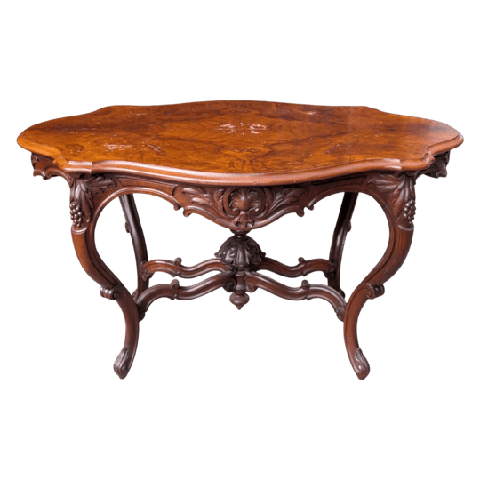 Antique Victorian Carved Centre Table in Burr Timber Top