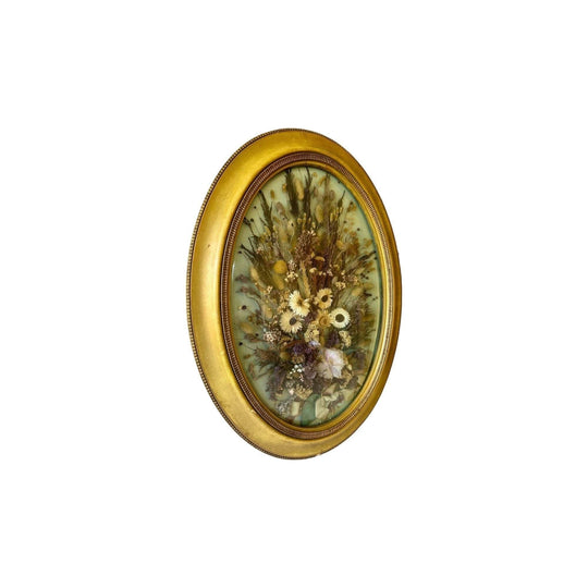 Antique Victorian convex glass dried flowers floral oval gilt frame C1800's