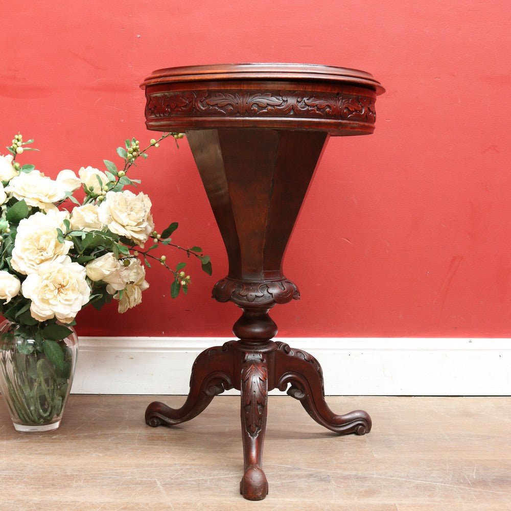 Antique Victorian Sewing or Lady’s Work Table with Pedestal Base and Carved Detail. B12659 | Bazaa | Designer, Vintage and Antique Furniture