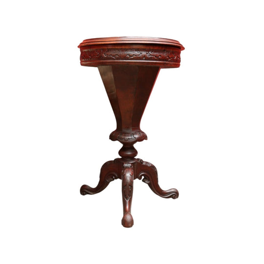 Antique Victorian Sewing or Lady’s Work Table with Pedestal Base and Carved Detail. B12659