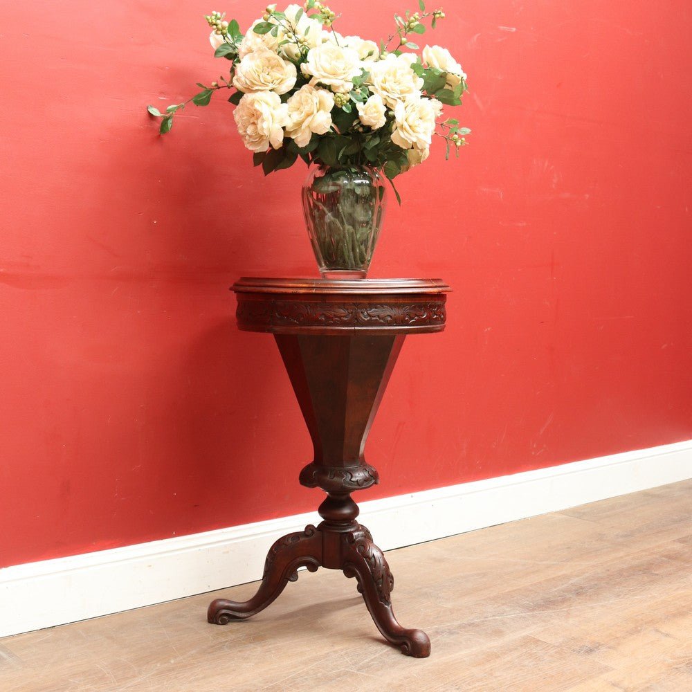Antique Victorian Sewing or Lady’s Work Table with Pedestal Base and Carved Detail. B12659 | Bazaa | Designer, Vintage and Antique Furniture