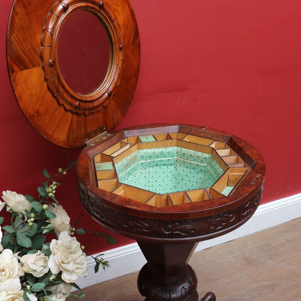 Antique Victorian Sewing or Lady’s Work Table with Pedestal Base and Carved Detail. B12659 | Bazaa | Designer, Vintage and Antique Furniture