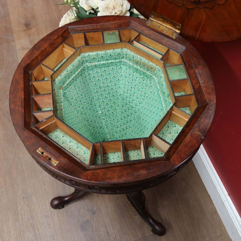 Antique Victorian Sewing or Lady’s Work Table with Pedestal Base and Carved Detail. B12659 | Bazaa | Designer, Vintage and Antique Furniture