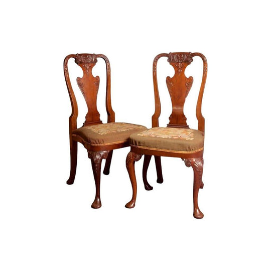 Antique / Vintage English Pair of Walnut Queen Anne Style Chairs / Dining Chairs