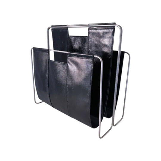 1960's Mid Century Italian Genuine Black Leather and Chrome Double Sling Magazine Rack