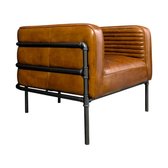 Architectural Industrial Leather Armchair | Pipe Frame & Cigar Hide