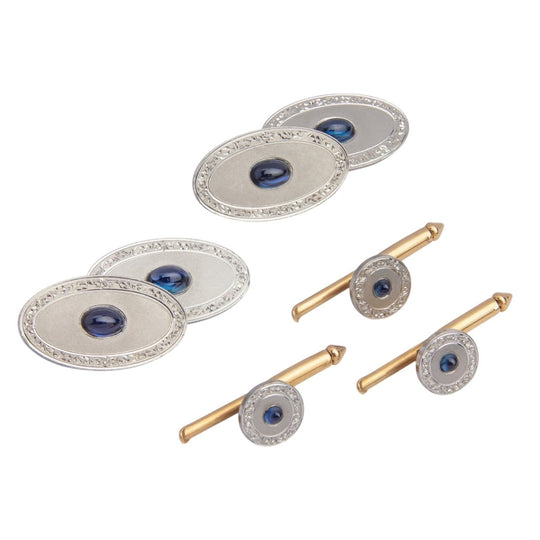 Art Deco, 14kt Yellow Gold, Platinum & Sapphire Cufflink & Dress Stud Set
