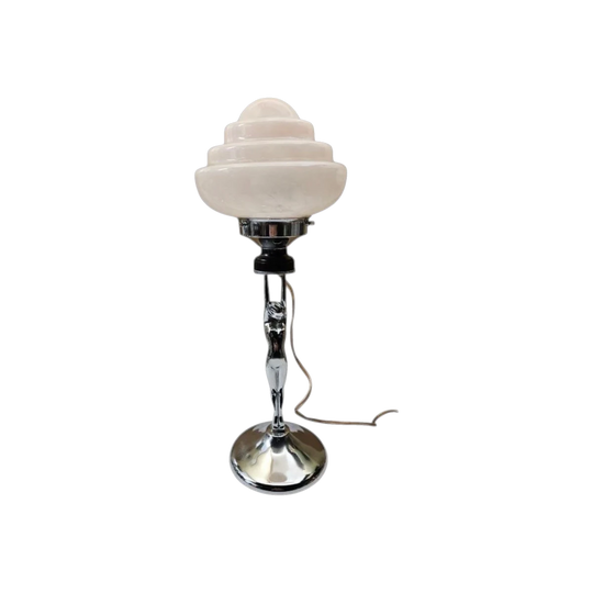 Art Deco "DIANE" Lamp, Chrome base w/ Pink mottled glass shade c.1930s