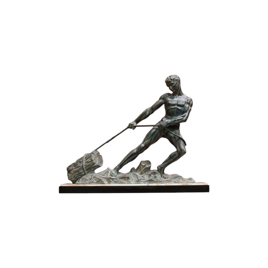 Art Deco Era Onyx & Bronze Sculpture – In the Style of Jean Marie Camus – “Man Pulling a Log” B12476