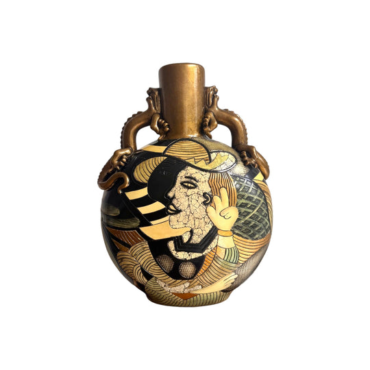 Art deco picasso ceramic vase with dragon handles by Alexander Kalifano