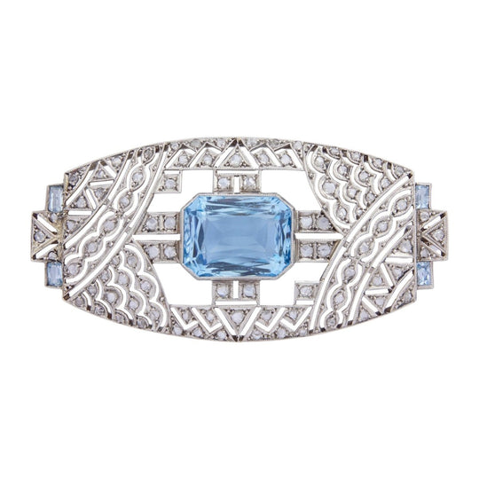 Art Deco Platinum Diamond & Aquamarine Brooch