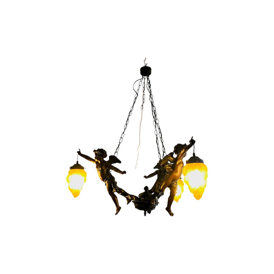 Art nouveau 'Art de France' stamped bronze resin 3 arm cupid chandelier with amber glass shades