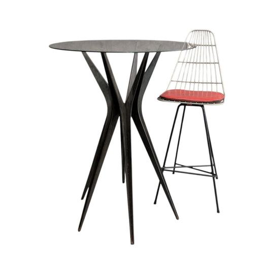Artist Made Steel Starburst Base Bar Table with Glass Top and Framac Industrial Barstools