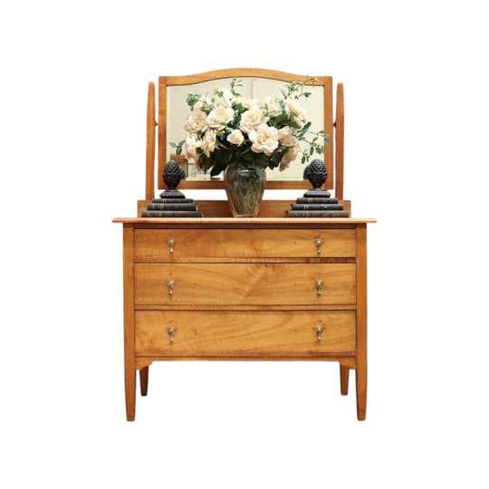 Australian Maple Dressing Table with Mirror and Three Drawers, Brass Handles. B12654