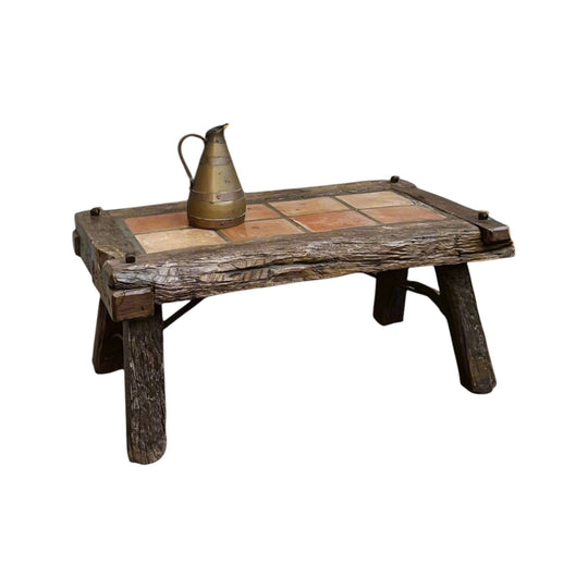 Authentic 1950s French Folk Art Brutalist Tiled Top Coffee Table