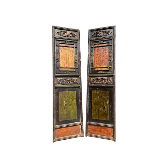 Antique Chinese Green & Yellow Carved Doors, Pair - Late 19th Century