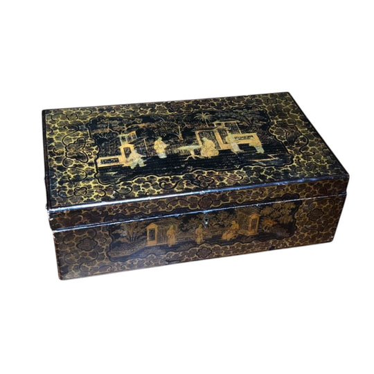 Chinese Export lacquer writing slope, gilt scenes, c.1850