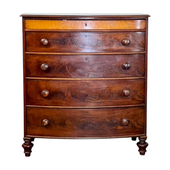 Antique English Bow-Fronted Flame Mahogany Chest of Drawers, Early–Mid 1800s