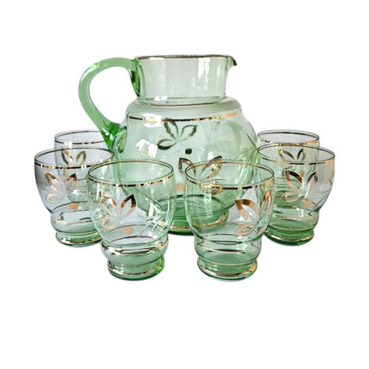 Vintage Green & Gold Trim Pitcher & 6 Glasses with elegant etched antelope.