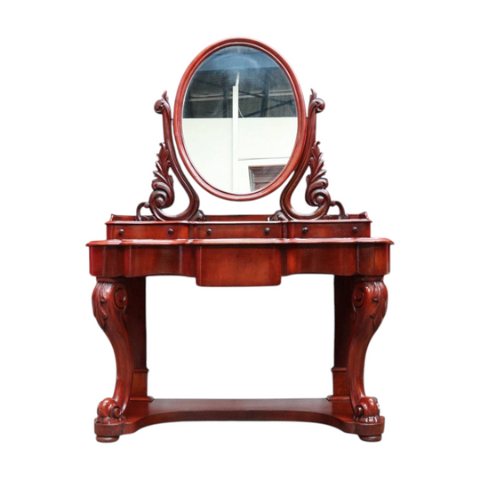 Antique Victorian Mahogany Duchess Dressing Table with Oval Mirror and Carved Supports. B13051