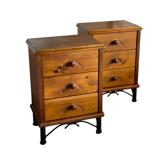 Pair of solid timber carved bedsides with twisted metal base