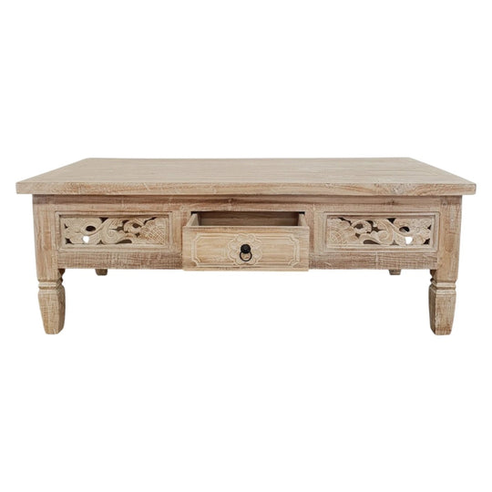 Balinese Handcarved Teak Coffee Table Whitewash