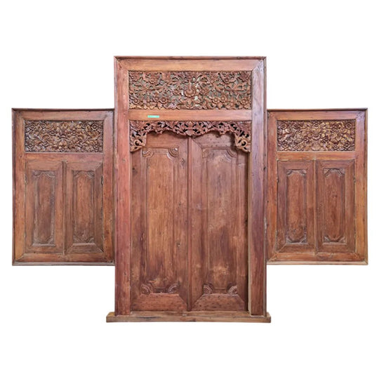 Balinese Vintage Teak Door With 2 Windows 3 Piece Set - AA12