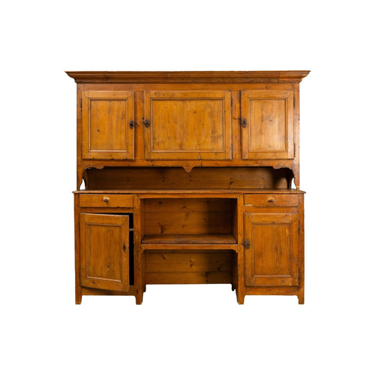 Beautiful Antique French 19th century farmhouse buffet deux corps crafted from solid pine or fruitwood in a warm honey-toned wood patina, hand-cut joinery and iron hardware from the Alps