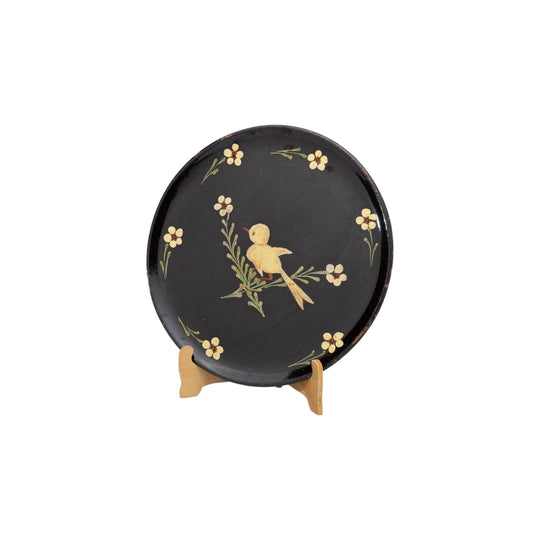 Beautiful hand painted glazed ceramic serving platter with bird and pretty floral motifs from the French Alps - lovely and old