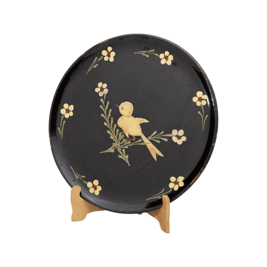 Beautiful hand painted glazed ceramic serving platter with bird and pretty floral motifs from the French Alps - lovely and old