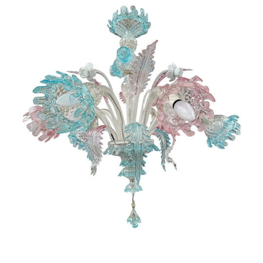 Beautiful Italian Murano Glass Six Branch Light with Pink and Blue Flowers and Leaves