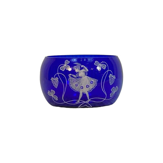 Beautiful Mary Gregory Style Enamel Bowl in Blue Glass, c.1890