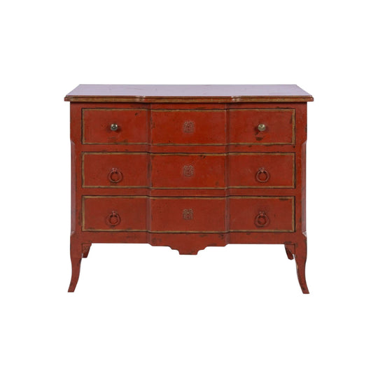 Beautiful red empire commode from Provence a beautiful aged patina and three drawers with decorative drawer pulls.