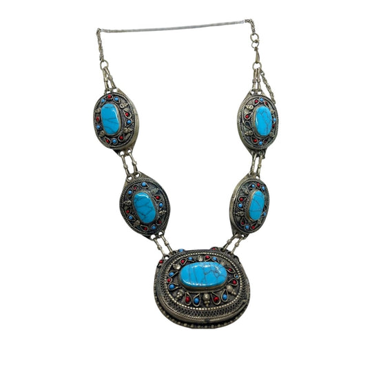 Beautiful Tibetan Silver plated Necklace with Turquoise and coral vintage handmade
