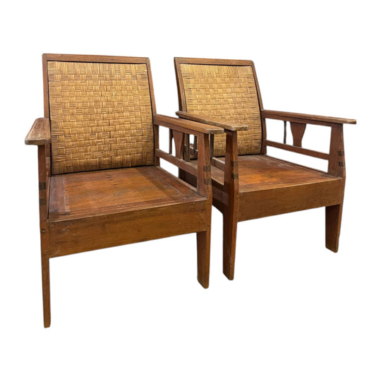 Indonesian Art Deco Teak and Rattan Armchairs, c. 1930s – Pair