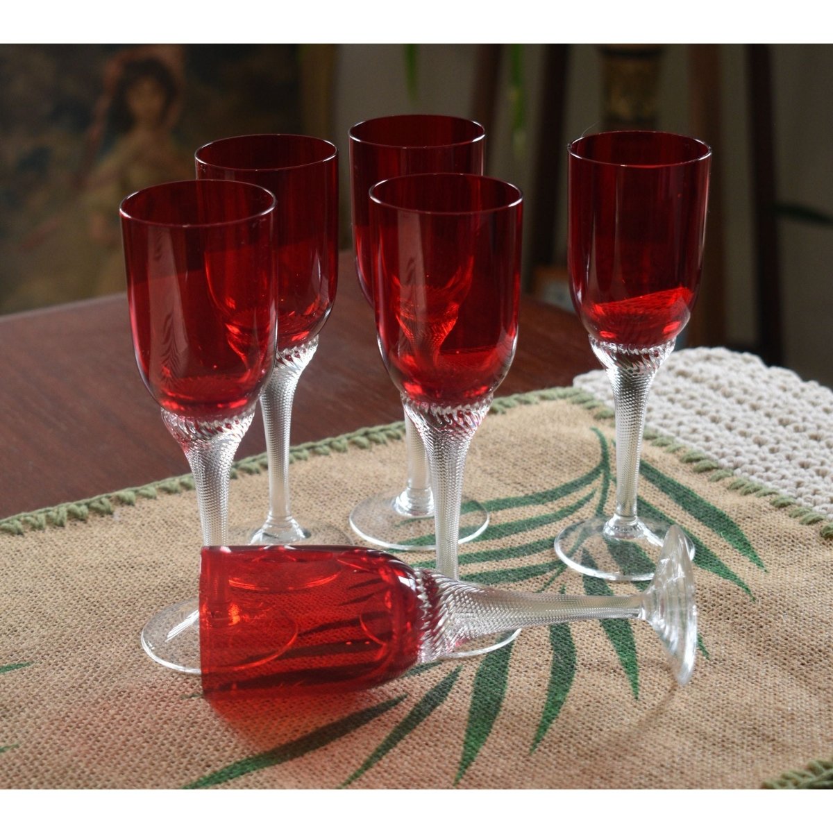 Bohemia Red Liquor/Cordial Glasses Twisted Stem. Set of 6 | Bazaa | Designer, Vintage and Antique Furniture
