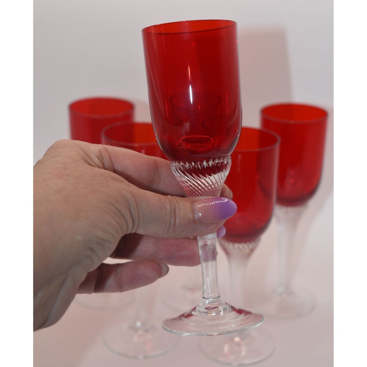 Bohemia Red Liquor/Cordial Glasses Twisted Stem. Set of 6 | Bazaa | Designer, Vintage and Antique Furniture