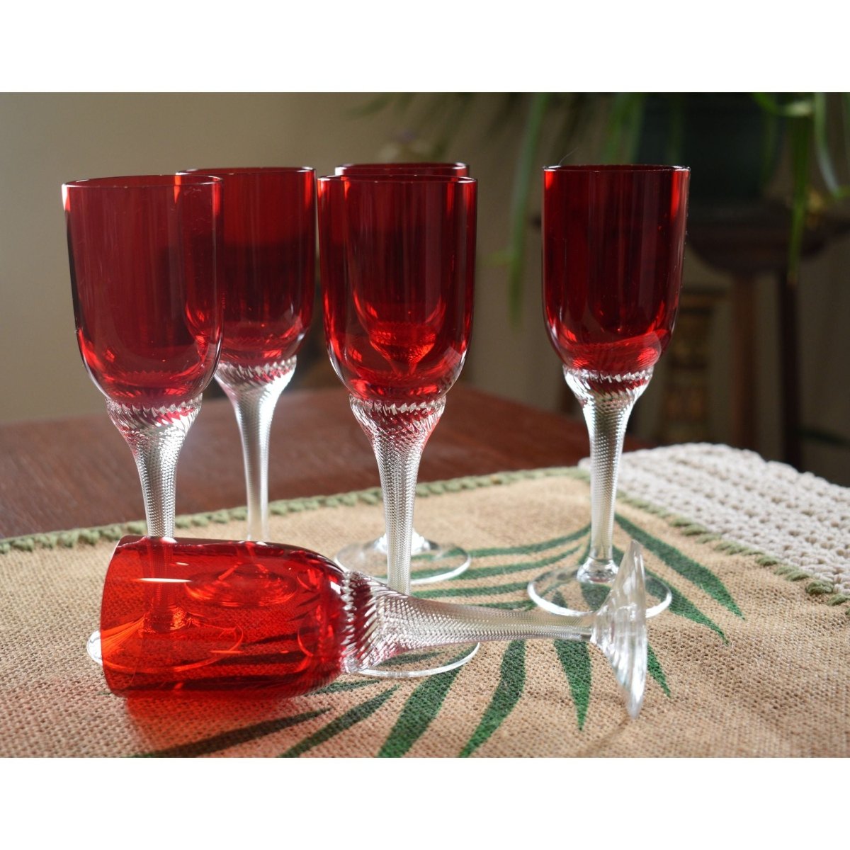 Bohemia Red Liquor/Cordial Glasses Twisted Stem. Set of 6 | Bazaa | Designer, Vintage and Antique Furniture