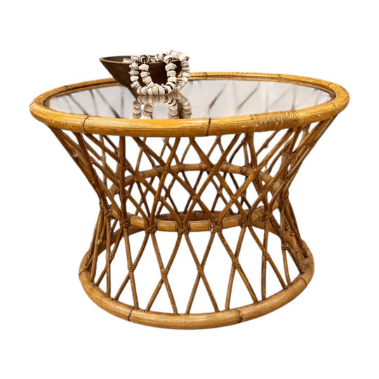 Bohemian Round Bend Bambo Rattan Reed, Wicker Coffee or Cocktail Table Glass Top